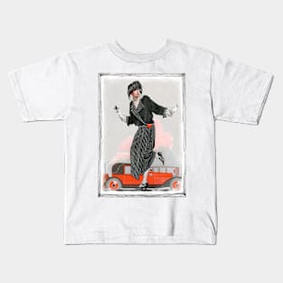 Art Deco Lady With Red Vintage Car Kids T-Shirt
